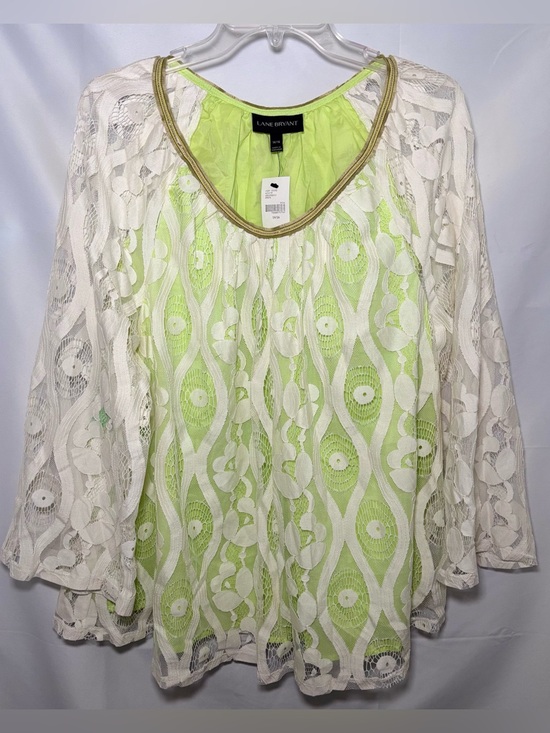Lane Bryant Tops - Lane Bryant Ivory Lace Overlay Peasant Blouse with Lime Green Underlay Sz 14/16